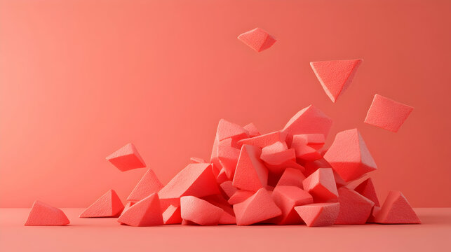 Abstract coral-colored geometric shapes falling and piling up on a coral background.