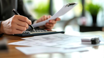 A person sits at a desk with a calculator and pen, focused on mathematical calculations