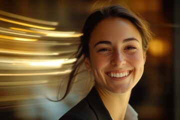 Obraz premium A woman smiling with her hair blown by the wind