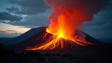 Molten lava erupts from a fiery volcano, glowing intensely against the dark sky. Thick smoke billows upward, contrasting with the vibrant red and orange hues of the volcanic eruption.