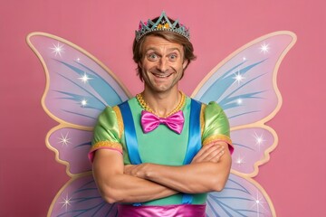 Funny man dressed in a fairy costume, playfully inviting to a holiday or costume party