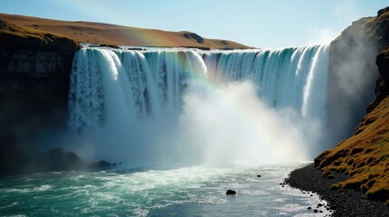 Obraz premium A mighty waterfall crashes down a rugged cliff, sending mist into the air. Sunlight refracts through the droplets, creating a stunning, vivid rainbow in the spray.