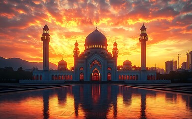 Fototapeta premium Majestic Mosque Silhouette Against a Vibrant Sunset with Reflective Water