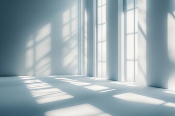Fototapeta premium Low Angle Empty White Room Interior with Window Light & Shadow Patterns. Minimalism, Clean, Architecture, Space.