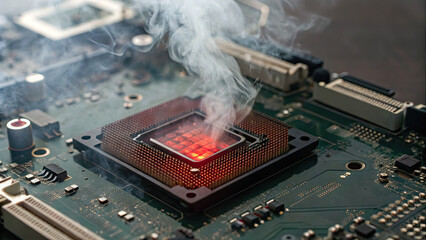 Close-up of a computer motherboard with a glowing red CPU and smoke rising from the chip, symbolizing hardware failure and technology malfunction. Concept of computer repair, IT troubleshooting