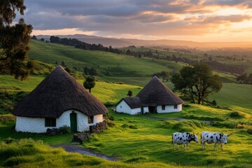 Obraz premium A peaceful village nestled in the hills, with thatched roofs, winding roads, and grazing animals in the fields