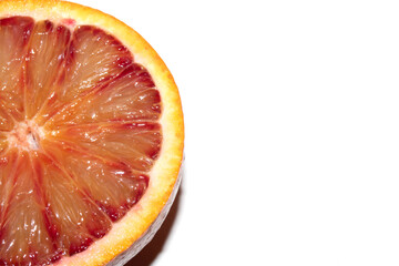 Blood Red Orange Slice Piece Fruit Cut Juicy Close up on White Background