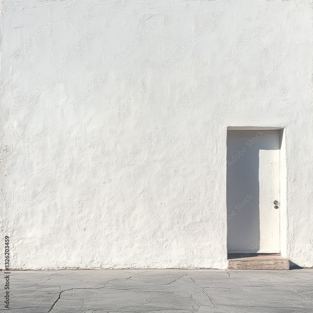 Poster white textured wall with a simple door in natural light, creating a minimalist architectural scene f