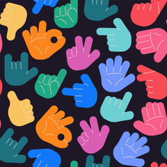 Seamless pattern with hand drawn hands set. Finger heart, hello and okay shaped gesture hands. Cartoon isolated vector illustration