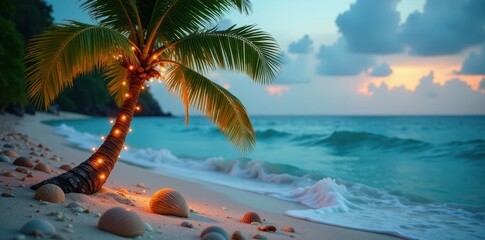 Palm tree adorned with Christmas lights, scattered seashells near ocean waves, tropical paradise, bright