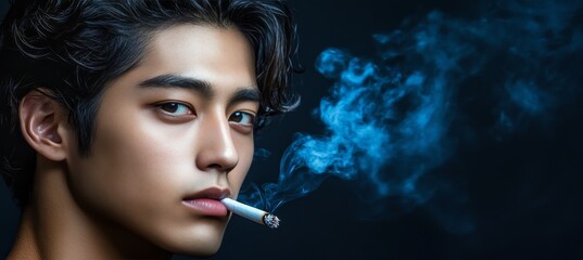 Obraz premium Close-Up Portrait, Moody Lighting Young Man Drawing on a Cigarette, Smoke Curling Around His Face