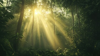 Obraz premium Sunbeams Illuminating a Lush Tropical Forest