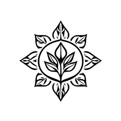 Intricate Black and White Floral Mandala: A Symmetrical, Decorative, Minimalist Design with Leafy Elements and a Central Circular Composition.