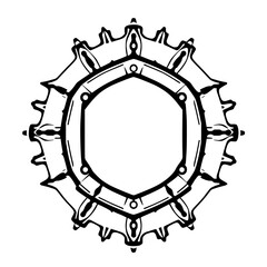 Fototapeta premium Symmetrical Black & White Geometric Design Featuring a Cogwheel-like Exterior Border & Inner Hexagonal Frame, Pure White Background.