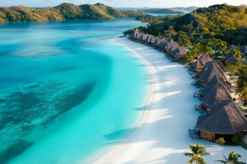 A remote island with turquoise waters, white sandy beaches, and lush tropical vegetation