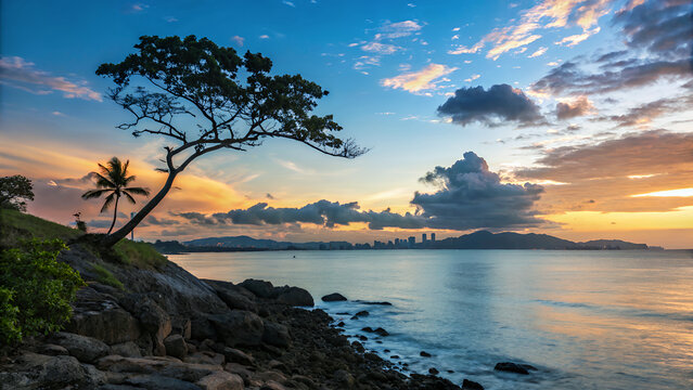 Beautiful tropical sunset on calm ocean with rocky shore - Powered by Adobe