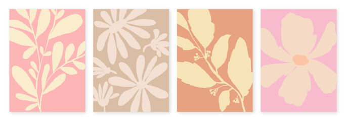 Soft Pastel Minimalist Floral Poster in Retro Style. Delicate leaf and flower silhouettes in warm, earthy tones. Perfect for modern wall art, branding, stationery, and digital backgrounds