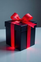 Obraz premium Mysterious black gift box, vibrant red neon ribbon , still life, object, anniversary