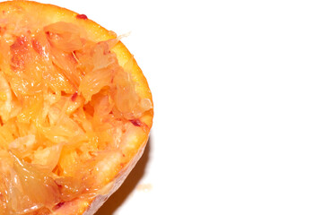 Blood Red Orange Slice Piece Fruit Cut Squeezed Crushed and Used Close up on White Background