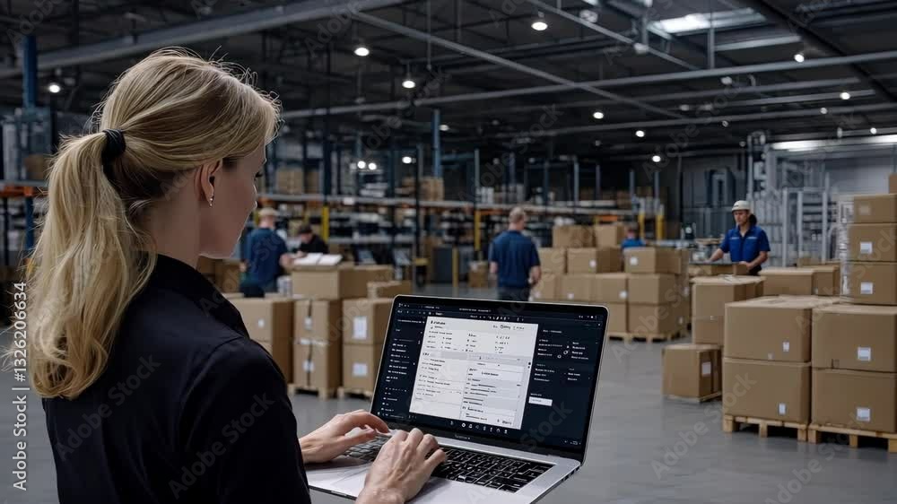 Aufkleber warehouse management in action with employee using laptop to track inventory and coordinate tasks ef