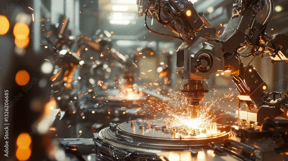 Poster industry automation: advanced robotic arms meticulously perform tasks in a modern factory setting, p