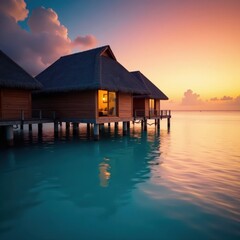 Overwater bungalow reflects in turquoise lagoon, sunset hues , Island life, Peaceful