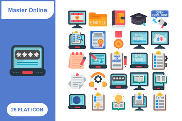 Masters Online Flat Icon Set, Collection of 25 Masters Online Flat Icon Set – 25 Education, Degree, and E-Learning Icons