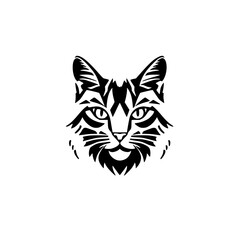 Stylized Black and White Cat Face Illustration with Geometric Details on White Background, Depicting Serene Expression.