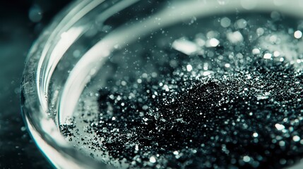 Sparkling Lab: A close-up, intriguing view of sparkling chemical compounds inside a glass laboratory vessel, with a sense of scientific discovery. 