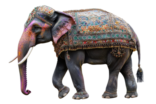 Decorated Indian Elephant, Holi Festival, Colorful Asian Elephant, Majestic Animal Portrait, Holi festival, Hindu festival. - Powered by Adobe