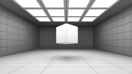 Floating White Cube in Minimalist Gray Room with Bright Lighting