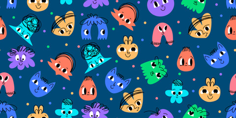 Colorful Doodle Abstract Geometrical Shapes of Blobs with Faces, Seamless Pattern. Hand drawn organic multicolored funny cartoon avatars. Happy decorative emoticons for kids