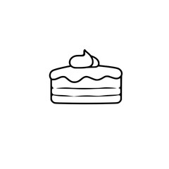 Minimalist Black Line Art of Layered Cake Slice with Icing Swirl, Isolated on White Background.