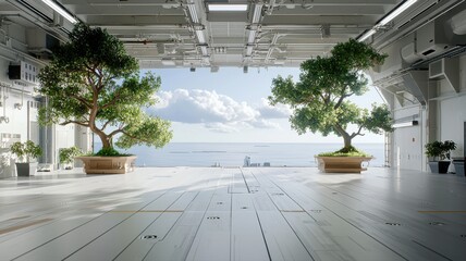 Obraz premium Spacious open room with large bonsai trees offering a stunning ocean view under a bright, clear sky.