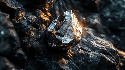 Shining Diamond in a Rocky Embrace: Captivating detail of a shimmering diamond nestled within rough rocks. The play of light upon the facets creates a dazzling display of brilliance.