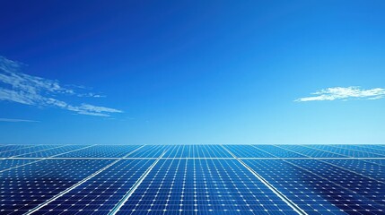 Clear Blue Sky Over Bright Solar Panel Field Reflecting Sunlight