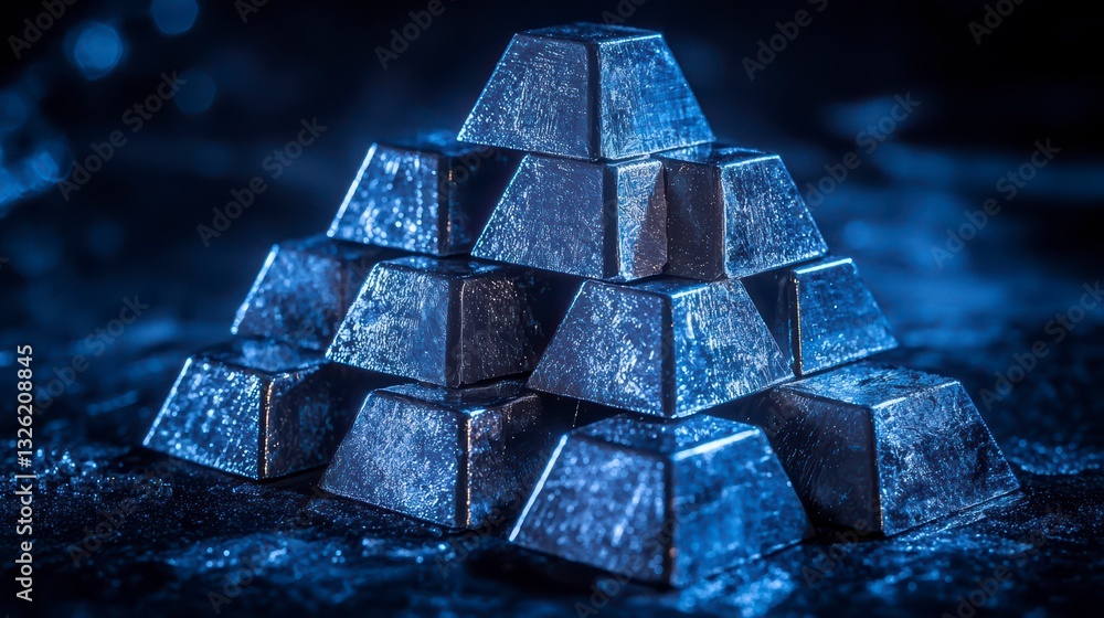 Poster pyramidal bars: a mesmerizing composition showcasing a carefully arranged stack of silver bars in a 
