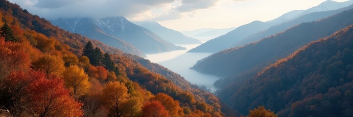 Misty mountain valley, fiery autumn foliage on hillsides , texture, element, orange