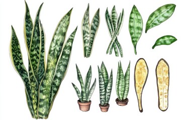 Illustration showcasing the parts of Sansevieria trifasciata in a detailed botanical study