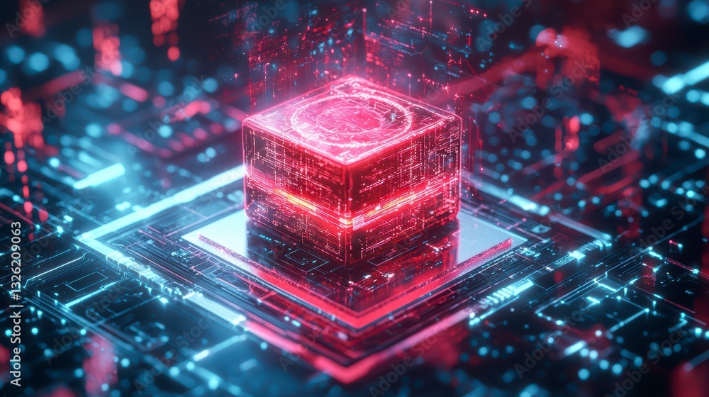 Poster futuristic technological cube: a digital, glowing cube with a complex, intricate design, pulsating w
