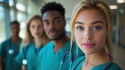 Fototapeta premium Diverse Healthcare Team in Hospital Corridor with Medical Attire