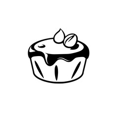 Minimalist Black and White Line Art Illustration of a Round Dessert with Glossy Chocolate Glaze and Nut Topping on a White Background.