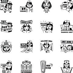 Set of Glyph Style Nursing Life Stickers 

