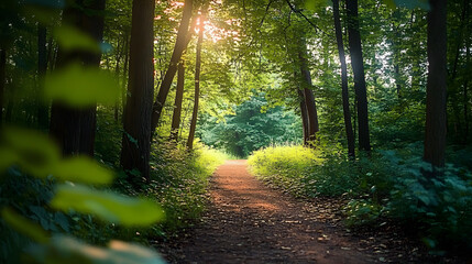 Obraz premium Peaceful Walkway in Dense Green Forest with Sunlight Filters : Generative AI