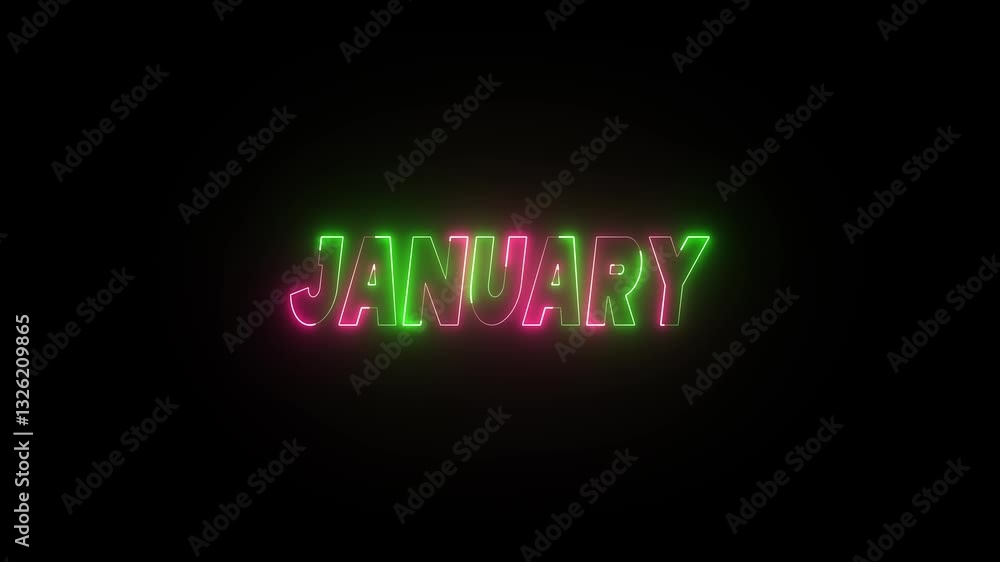 Poster neon effect january text animation on black background. neon shine month name january text icon vide
