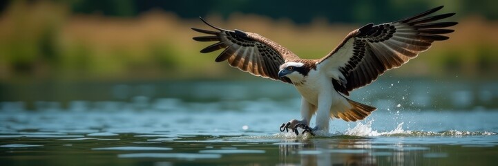 Fototapeta premium Osprey emerges from lake, fish clutched in talons, animal, wildlife