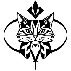 Geometric Black & White Cat Portrait, Elegant Design with Decorative Frame, Modern, Stylized Feline Artwork.