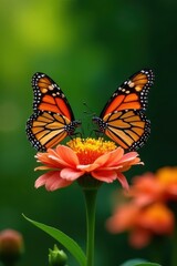 Fototapeta premium Pair of monarchs nectaring on bright bloom, lush green background, wildlife, delicate