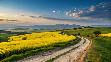 Obraz premium Vibrant yellow rapeseed field winding dirt road