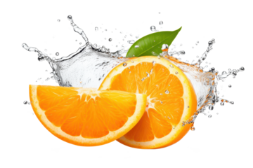 fresh orange splashing in water isolated on white or transparent png